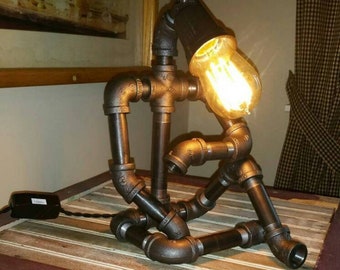 Robot Lamp Modern Industrial Lamp Black Pipe Lamp Steampunk Art Desk Lamp Graduation Father's Day Dad Gift Dorm Lamp Handmade in the USA!