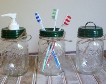 Mason Jar Soap Pump Dispenser Set of 3 Green Lids Toothbrush Ring, Storage Lid with Handle Christmas Decor Hand Sanitizer Pump Made in USA!