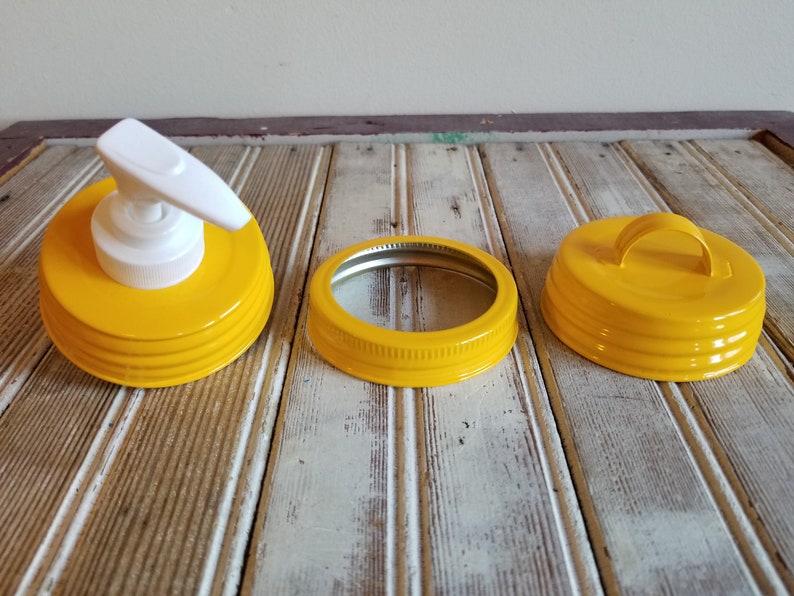 Marigold Yellow Mason Jar Soap Pump Lid Set for Bathroom 3 Lids Soap Toothbrush Storage New Spring Colors image 3