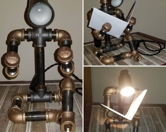 Robot Lamp Steampunk Art Black Brass Pipe Desk Light Reader Father's Day Mancave Unique Gift Dad Grandpa Graduation Author PhD Made in USA