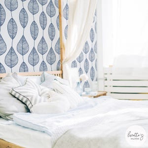 Stripy Leaf Wallpaper, Blue Botanical Design, Removable and Non Woven Taditional option