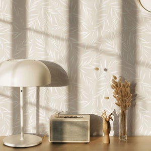 Linen color botanical foliage removable wallpaper, available as self adhesive or non woven wallpaper