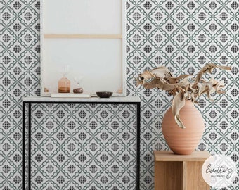 Grün und Schwarz Lissabon Tile Wallpaper Traditionelle Tapete Schälen und Stick Abnehmbare Tapete