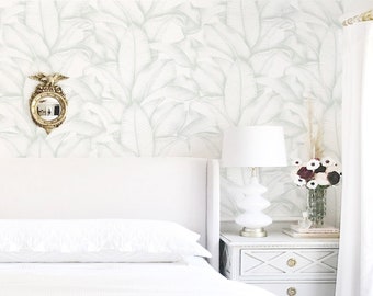 Sage Green Palm Leaf Wallpaper, Botanical Peel and Stick Wallpaper
