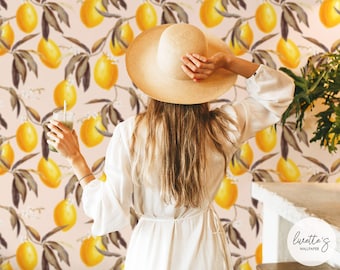 Blushing Lemons Removable Wallpaper, Tropical Fruits, Modern Bohemian Temporary and Traditional material