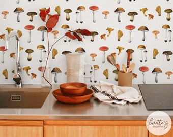 Pilze Tapete für Küche Wildpilz Tapete Bauernhaus Akzent Wand Schälen und Aufkleben Waldpilz Tapete Vintage Druck