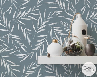 Windy blue botanical removable wallpaper, available as self adhesive or non woven wallpaper