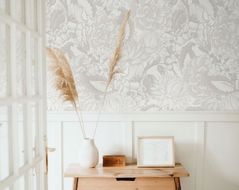 Elegant Neutral Bohemian Floral Wallpaper, Botanical Flowers, Peel and stick or Traditional wallpaper
