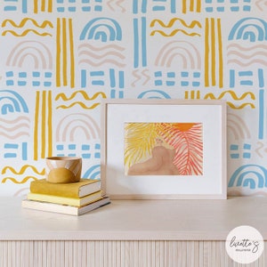 Peel And Stick Wallpaper Beach Line Art Removable Wallpaper Blue Yellow Pink Self Adhesive Contemporary Wallpaper Temporary Wall paper panel