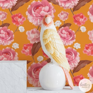 Bold Orange Floral Removable Wallpaper Pink Watercolor - Etsy