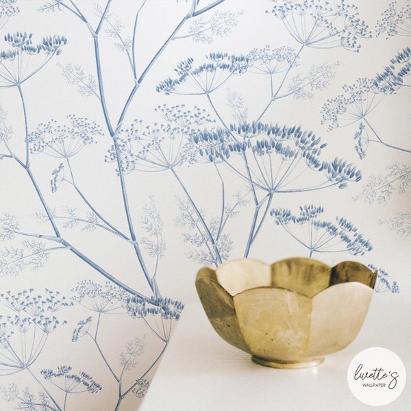 Denim Blue Wildflower Removable Wallpaper, available as self adhesive or non woven wallpaper