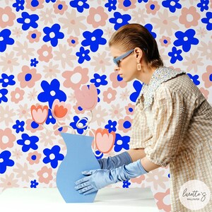 Peel And Stick Wallpaper Feature Wall Living Room Groovy Wallpaper Removable Pink Blue Retro Self Adhesive Daisy Flower Wall Paper Livettes