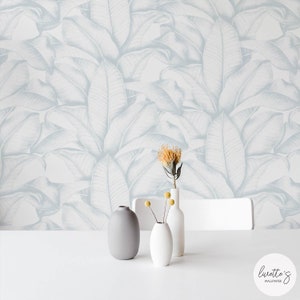 Rain Blue Banana Leaf Removable Wallpaper, Tropical Palm Leaf, Traditional or Self Adhesive Wallpaper
