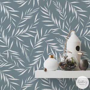 Windy blue botanical removable wallpaper, available as self adhesive or non woven wallpaper