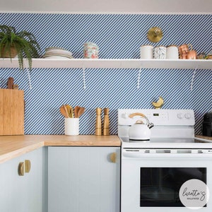 Small Diagonal Stripe Wallpaper In Blue / Coastal Traditional wallpaper or Self Adhesive Wallpaper