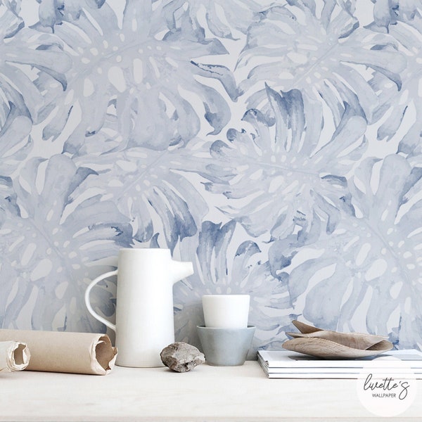 Blue Palm Leaf Removable Wallpaper / Tropical Traditional wallpaper or Self Adhesive Wallpaper