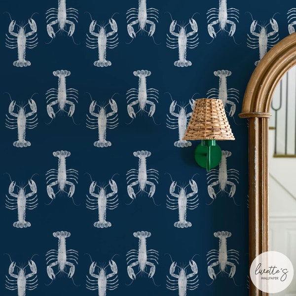 Navy Lobster Removable Wallpaper, Coastal Navy Wallpaper, Peel and Stick or Traditional material