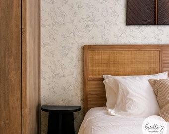 Neutral Floral Wallpaper, Light Flowers Bohemian, Peel and stick or Traditional Wall Hanging