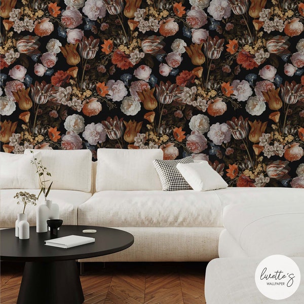 Dark Vintage Floral Bouquet Wallpaper, Flower Pattern Removable Self Adhesive or Traditional material options