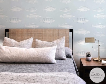 Vintage Fish Pattern Removable Wallpaper, Coastal Decor, Nautical Print, Traditional or Self Adhesive Wallpaper