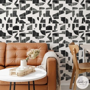 Peel And Stick Fabric Wallpaper Black & Gray Geometric Tile Wallpaper Self Adhesive Modern Wall Decor Mural Temporary Tile Wall Paper
