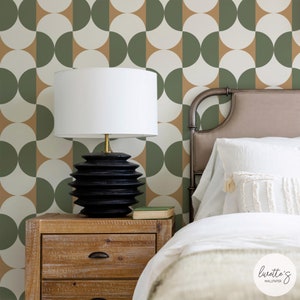 Scallop Tile Green Wallpaper Modern Geometric Wallpaper Mid Century Modern Peel And Stick Wallpaper Green Accent Wall Bedroom Interior