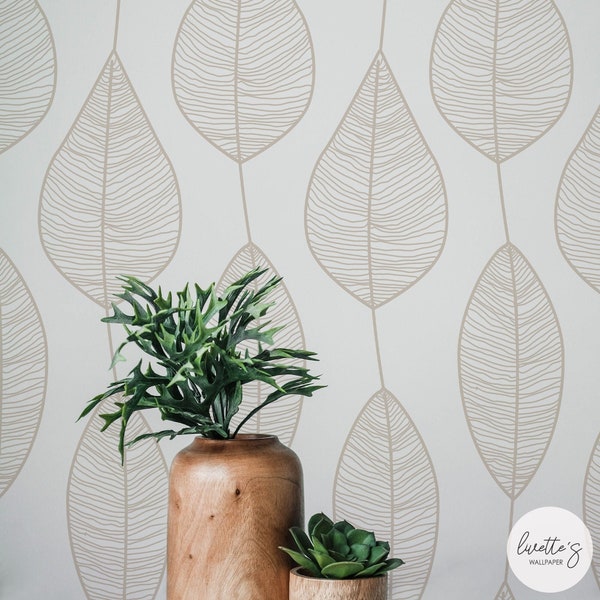 Neutral Stripy Leaf Wallpaper, Elegant Botanical Design, Removable and Non Woven Taditional option