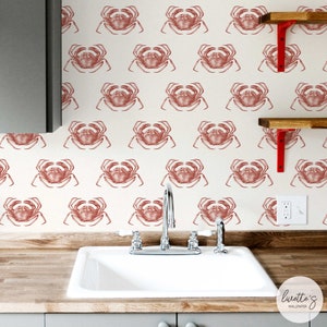 Crab Pattern Removable Wallpaper, Coastal Wallpaper, Traditional or Self Adhesive Wallpaper