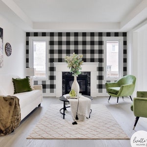 green living room interior with plaid patterned wallpaper accent wall