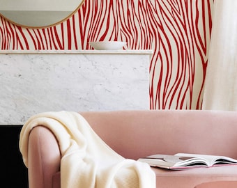 Red Zebra Pattern Wallpaper / Contemporary Animal Print wallpaper / Traditional or Self Adhesive Wallpaper
