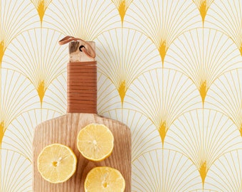 Yellow Art Deco Scallop Wallpaper, Removable Wallpaper