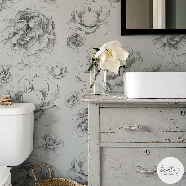 Vintage Peony Removable Wallpaper, Floral Drawing, Peel and Stick or Traditional material