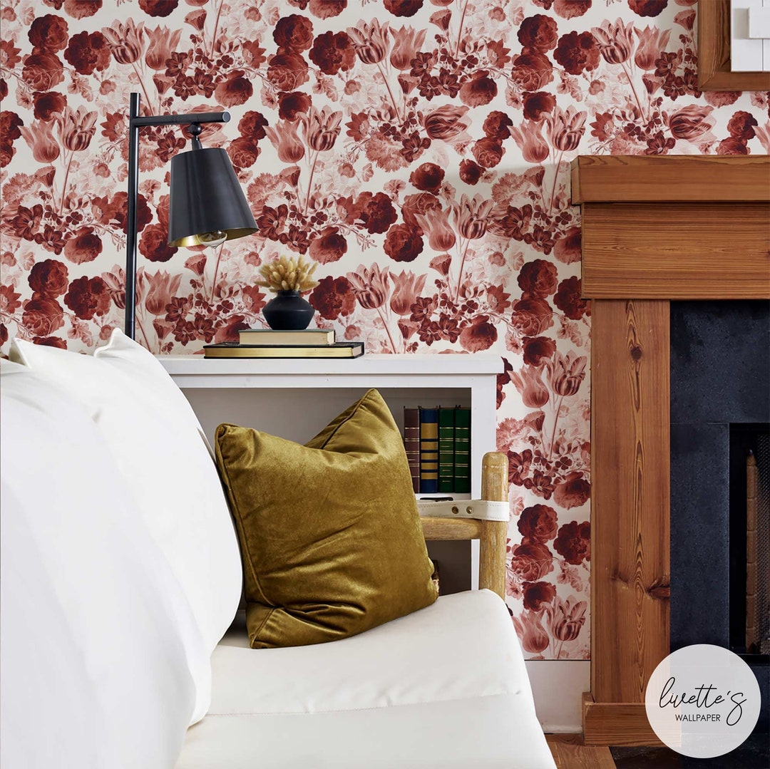 Red Floral Peel and Stick Wallpaper, Moody Accent Wall - Etsy