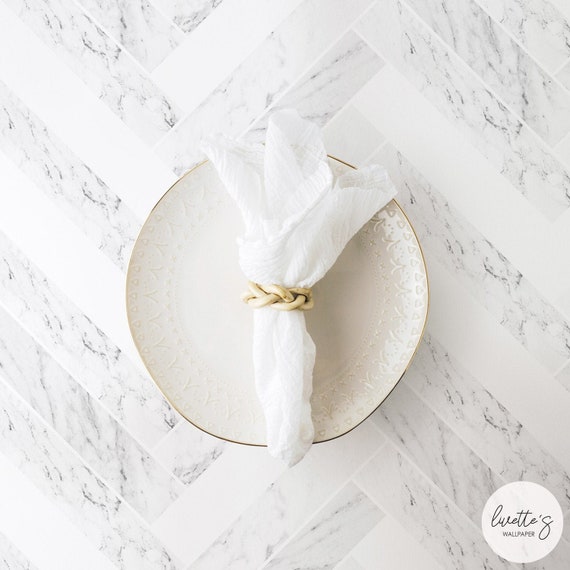 Marble Herringbone Tiles Wallpaper, Neutral Marble Tiles, Peel and Stick Removable Wallpaper and Traditional, Coastal Collection