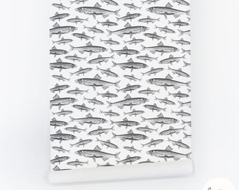 Sardines Removable Wallpaper, Coastal Fish Pattern, Self Adhesive