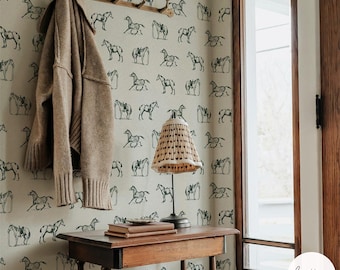 Vintage Horse Wallpaper, Green Farmhouse Accent Wall Covering