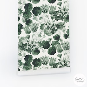 Classic Green Vintage Flowers Wallpaper, Floral Drawing, Peel and Stick or Traditional material