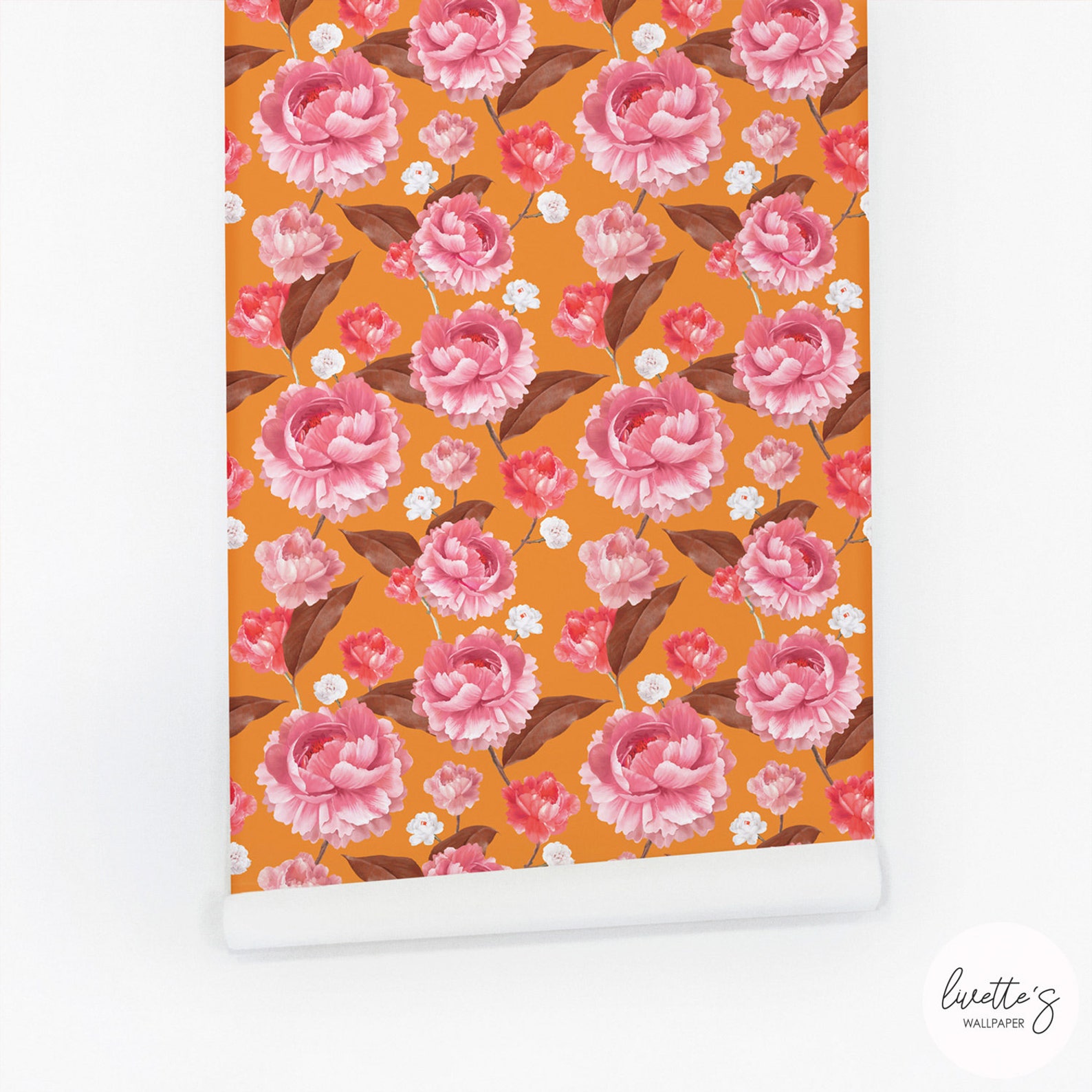 Bold Orange Floral Removable Wallpaper Pink Watercolor Etsy