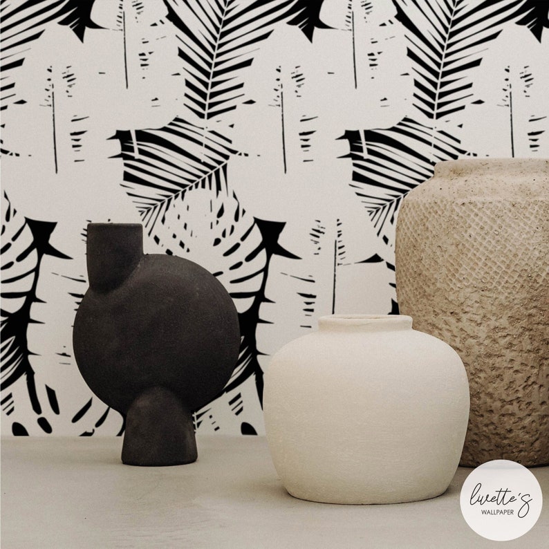 Black and White Palm Leaf Wallpaper, Removable Tropical Print - Etsy