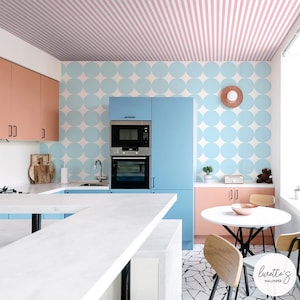 May include: A modern kitchen with a pastel color scheme. The walls feature a light blue circle pattern, complemented by pink cabinets and a striped ceiling. The kitchen includes a white countertop, a microwave, and an oven.