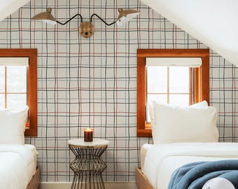 Plaid Peel and Stick Wallpaper, Hand Drawn Line Print