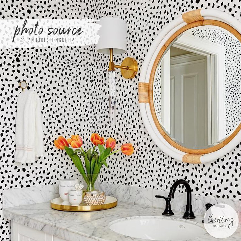 Dalmatian print removable wallpaper in a boho style bathroom