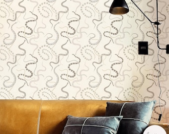 Neutral Snake Print Removable Wallpaper, Animal Print Walls, Living Room Interior