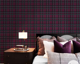 Tartan Inspired Grasscloth Wallpaper in Jewel