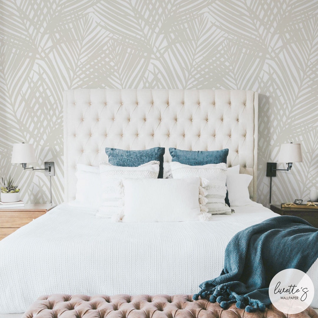 Tropical Palm Wallpaper in Mist Color, Neutral Palm Leaf Wallpaper