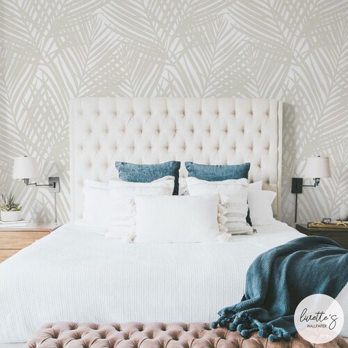 Neutral Palm Leaf Wallpaper, Tropical Mist Color, Peel and Stick or Traditional