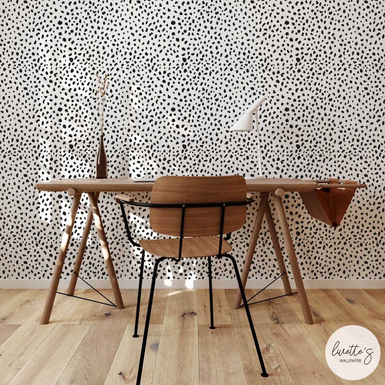 Dalmatian print removable wallpaper in a boho style study room