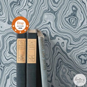 May include: A close-up of a blue and white marbled wallpaper with a subtle swirl pattern. Three books are leaning against the wallpaper, including "Romeo and Juliet" and two copies of "The Yale Shakespeare".
