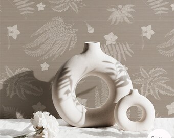 Neutral Fern And Tiny Flower Grasscloth Wallpaper