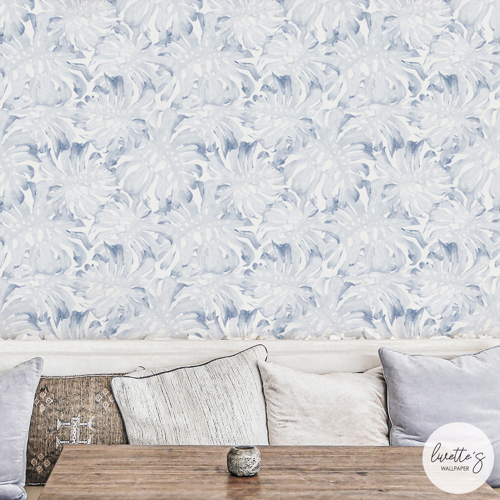 Blue Palm Leaf Removable Wallpaper / Tropical Traditional Wallpaper or